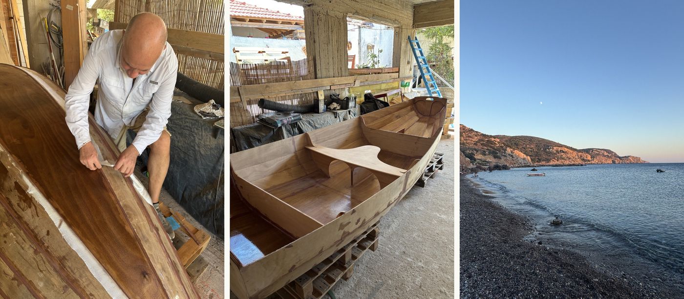 Three photographs: Norm taping a seam on the upturned hull, the Passagemaker's plywood interior taking shape in an open shed, and a quiet Aegean beach at dusk.